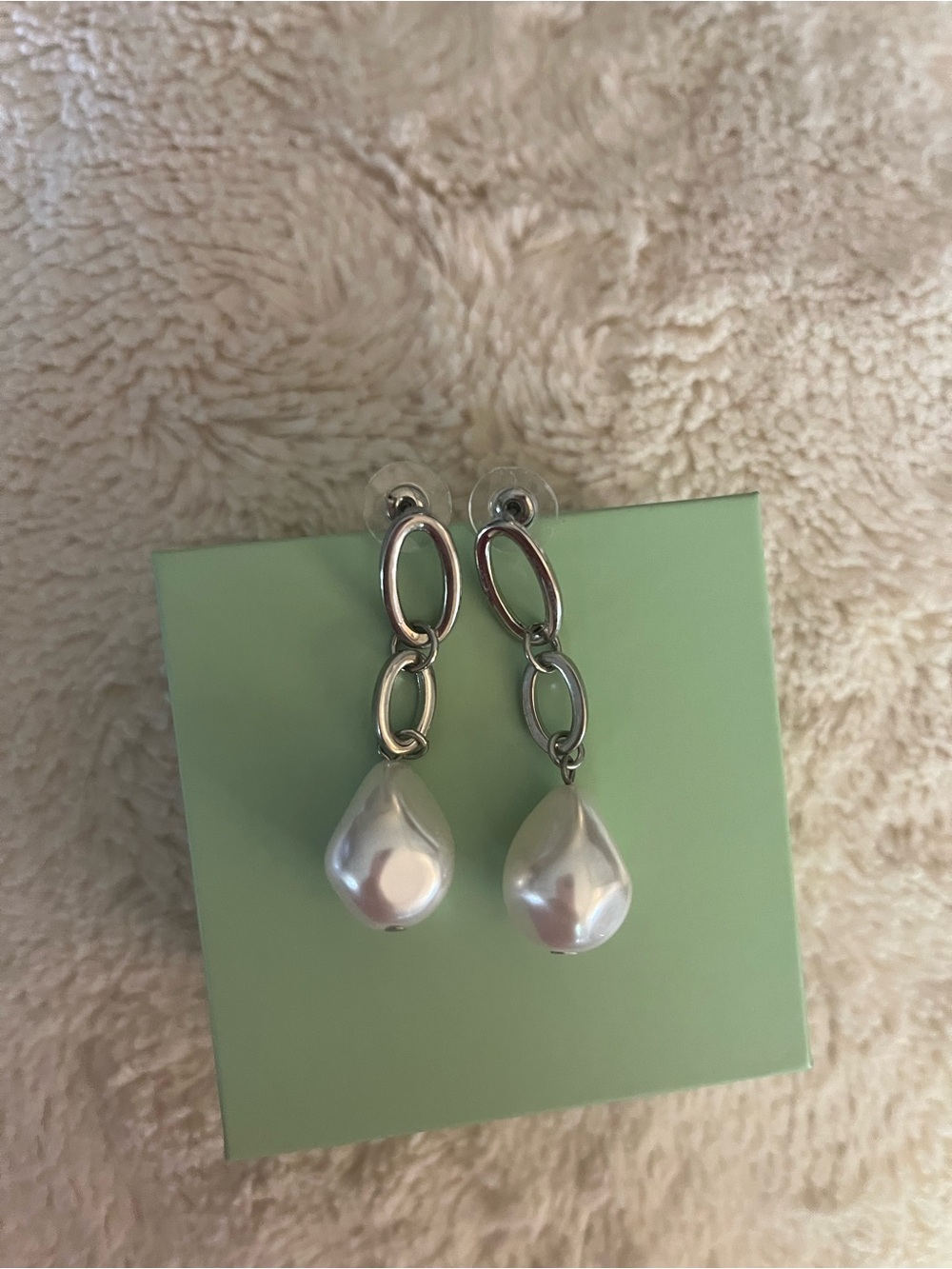 Erica Lyons Silver Link Drop Earrings with White Pearl Teardrops